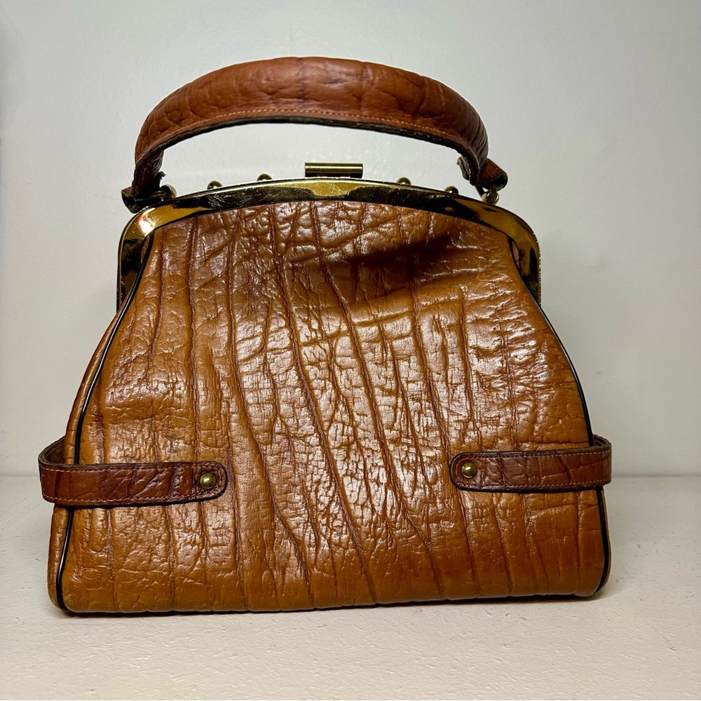 Vintage Continental Structured Leather Handbag Shoulder Purse Doctor’s Brass - Picture 3 of 12
